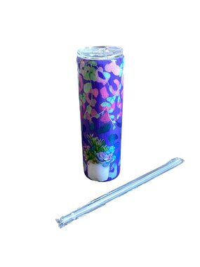 30 Oz Skinny Stainless Steel Custom Made 'Succulent' Tumbler W/Straw